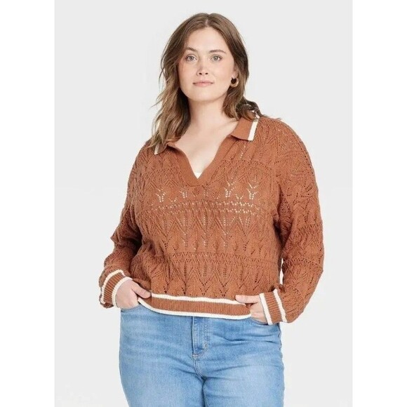 Universal Thread Orange Camel Rust Crochet Polo V-neck Crop Varsity Sweater Sz S - Picture 2 of 8